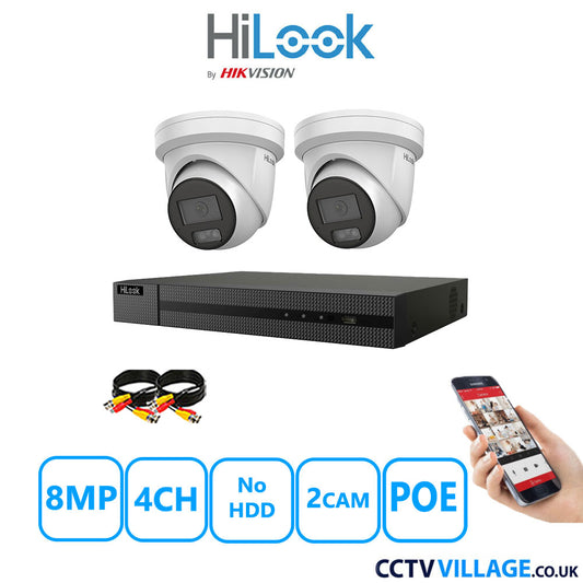 HiLook 8MP CCTV Kit 4 Channel NVR-104MH-C/4P with 2x Turret Cameras IPC-T289H-MU White No HDD Full Kit