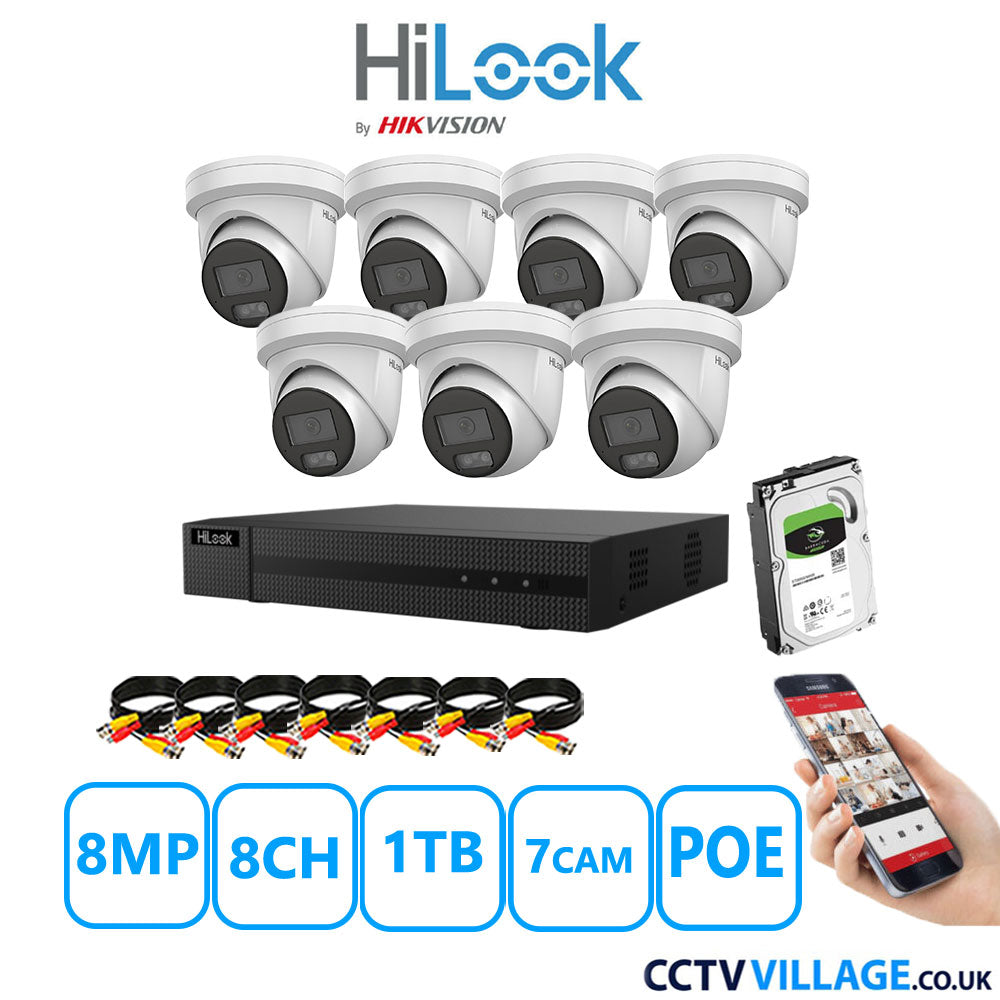 HiLook 8MP CCTV Kit 8 Channel NVR-108MH-C/8P with 7x Turret Cameras IPC-T289H-MU White 1TB HDD Full Kit