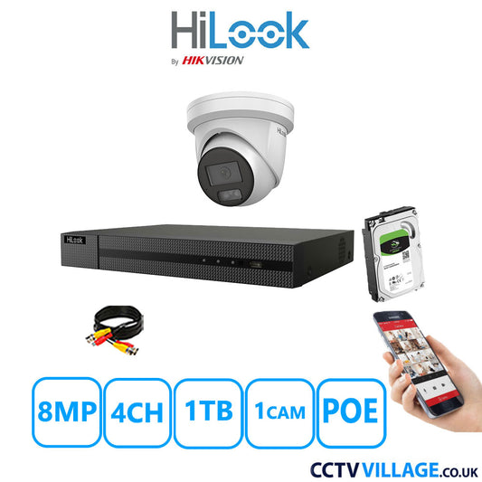 HiLook 8MP CCTV Kit 4 Channel NVR-104MH-C/4P with 1x Turret Camera IPC-T289H-MU White 1TB HDD Full Kit