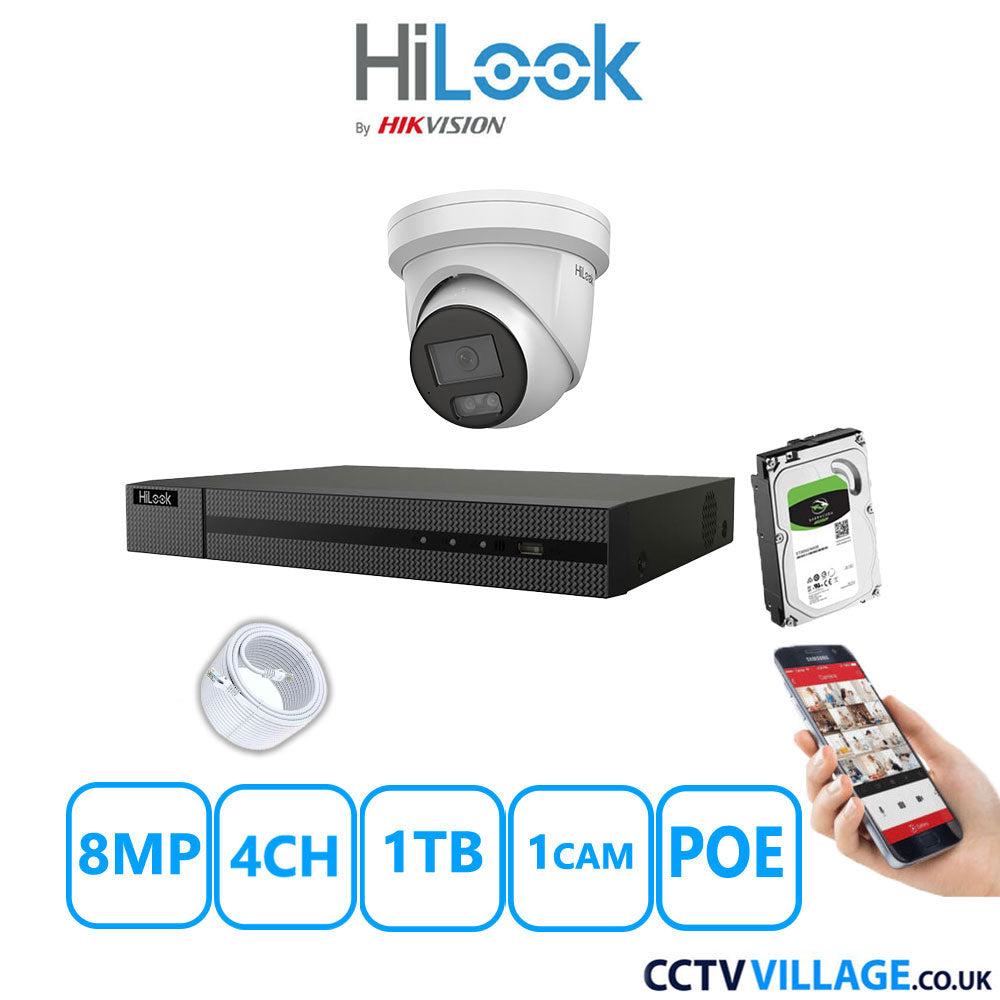 HiLook 8MP IP CCTV System 4 Channel NVR-104MH-C/4P with 1x Turret Camera IPC-T289H-MU White 1TB HDD Full Kit