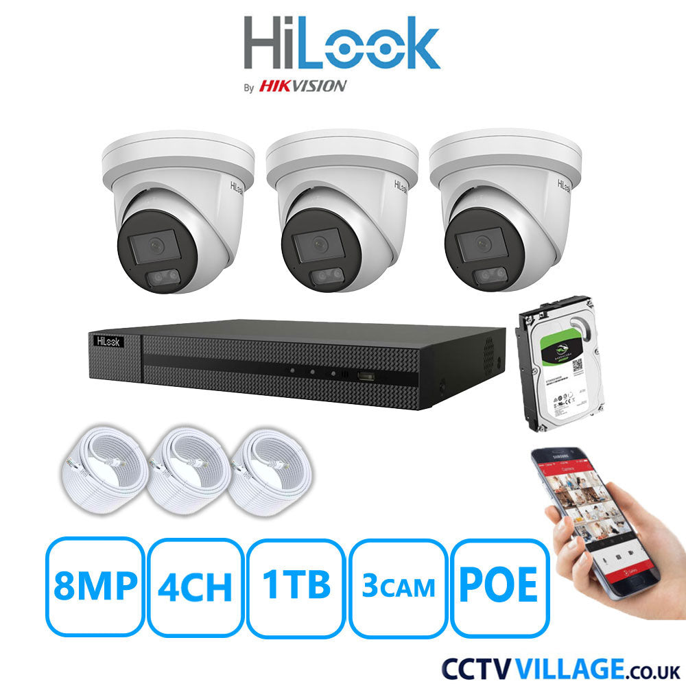 HiLook 8MP IP CCTV System 4 Channel NVR-104MH-C/4P with 3x Turret Cameras IPC-T289H-MU White 1TB HDD Full Kit