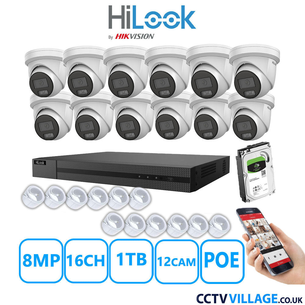 HiLook 8MP IP CCTV System 16 Channel NVR-216MH-C/16P with 12x Turret Cameras IPC-T289H-MU White 1TB HDD Full Kit