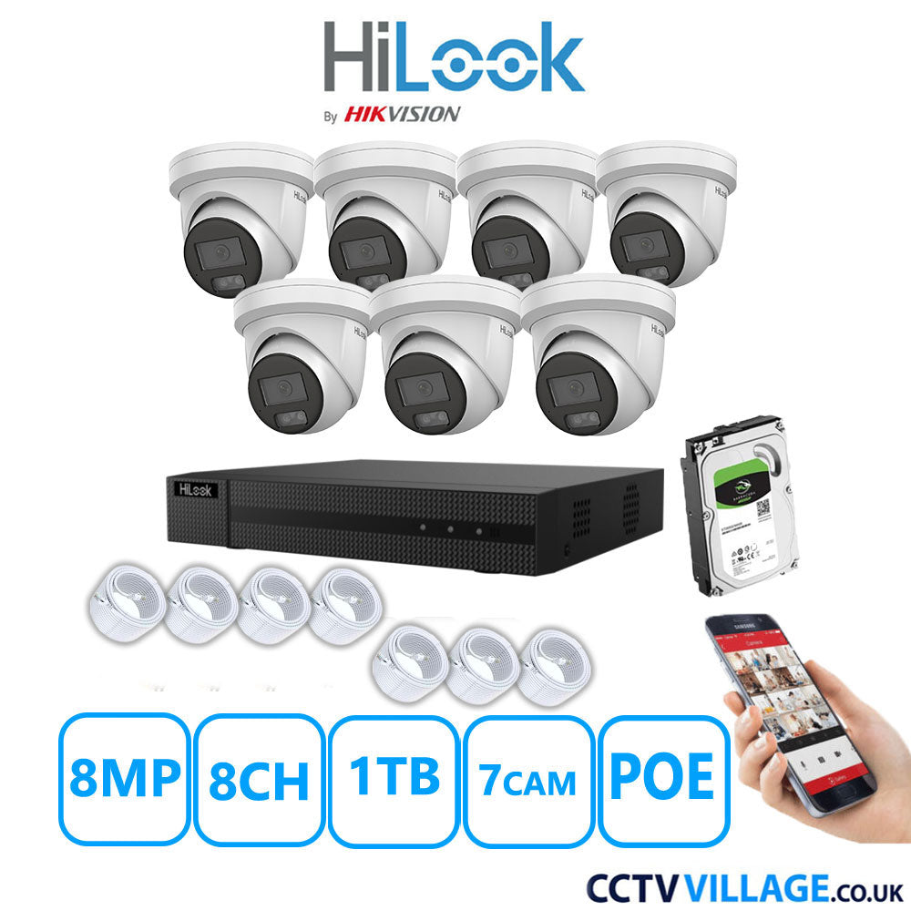 HiLook 8MP IP CCTV System 8 Channel NVR-108MH-C/8P with 7x Turret Cameras IPC-T289H-MU White 1TB HDD Full Kit