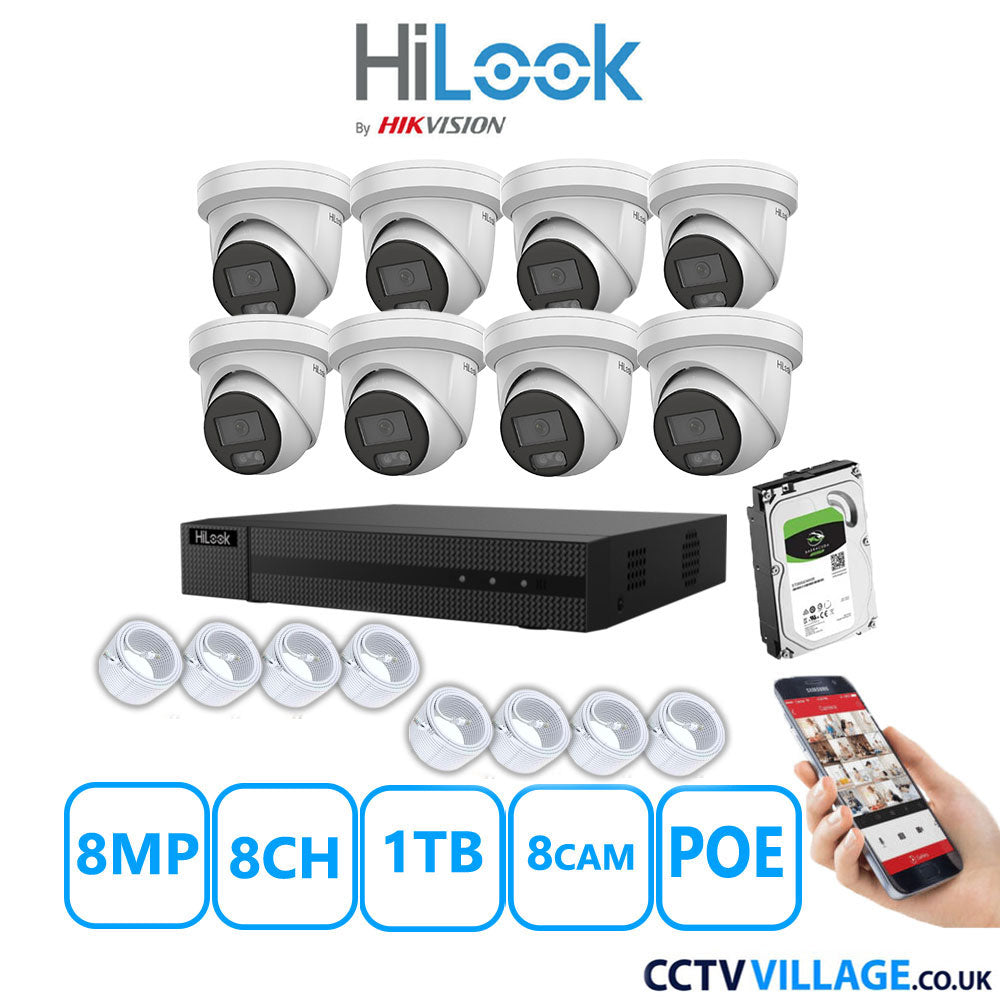 HiLook 8MP IP CCTV System 8 Channel NVR-108MH-C/8P with 8x Turret Cameras IPC-T289H-MU White 1TB HDD Full Kit