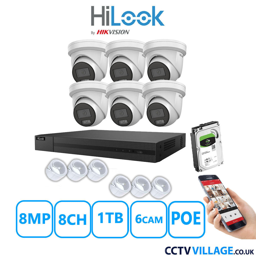 HiLook 8MP IP CCTV System 8 Channel NVR-208MH-C/8P with 6x Turret Cameras IPC-T289H-MU White 1TB HDD Full Kit