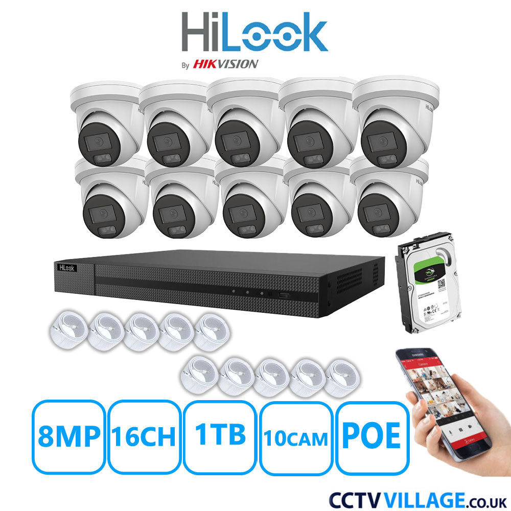 HiLook 8MP IP CCTV System 16 Channel NVR-216MH-C/16P with 10x Turret Cameras IPC-T289H-MU White 1TB HDD Full Kit