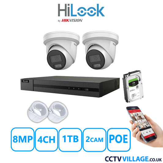 HiLook 8MP IP CCTV System 4 Channel NVR-104MH-C/4P with 2x Turret Cameras IPC-T289H-MU White 1TB HDD Full Kit