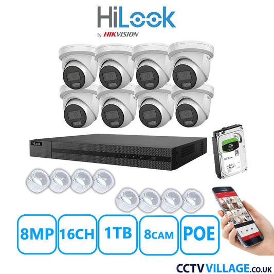 HiLook 8MP IP CCTV System 16 Channel NVR-216MH-C/16P with 8x Turret Cameras IPC-T289H-MU White 1TB HDD Full Kit