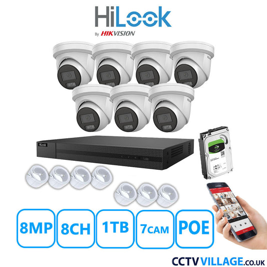 HiLook 8MP IP CCTV System 8 Channel NVR-208MH-C/8P with 7x Turret Cameras IPC-T289H-MU White 1TB HDD Full Kit