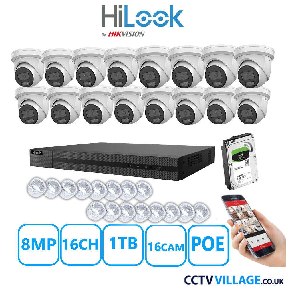 HiLook 8MP IP CCTV System 16 Channel NVR-216MH-C/16P with 16x Turret Cameras IPC-T289H-MU White 1TB HDD Full Kit