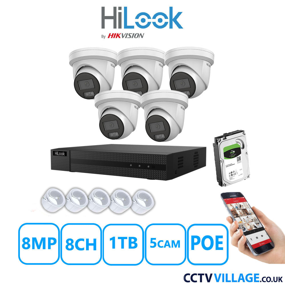 HiLook 8MP IP CCTV System 8 Channel NVR-108MH-C/8P with 5x Turret Cameras IPC-T289H-MU White 1TB HDD Full Kit