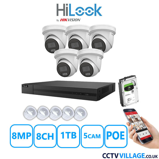 HiLook 8MP IP CCTV System 8 Channel NVR-208MH-C/8P with 5x Turret Cameras IPC-T289H-MU White 1TB HDD Full Kit