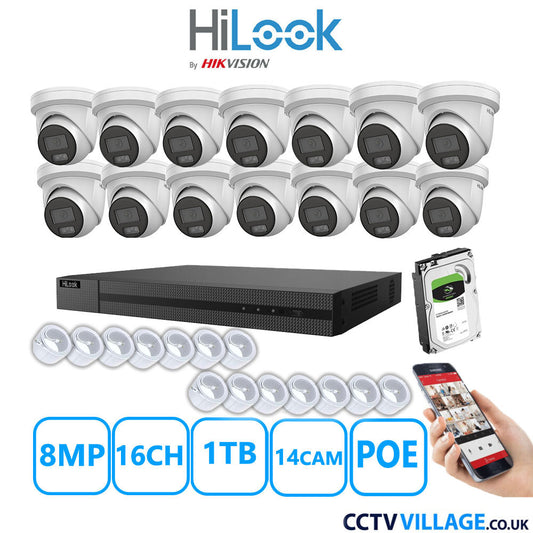 HiLook 8MP IP CCTV System 16 Channel NVR-216MH-C/16P with 14x Turret Cameras IPC-T289H-MU White 1TB HDD Full Kit