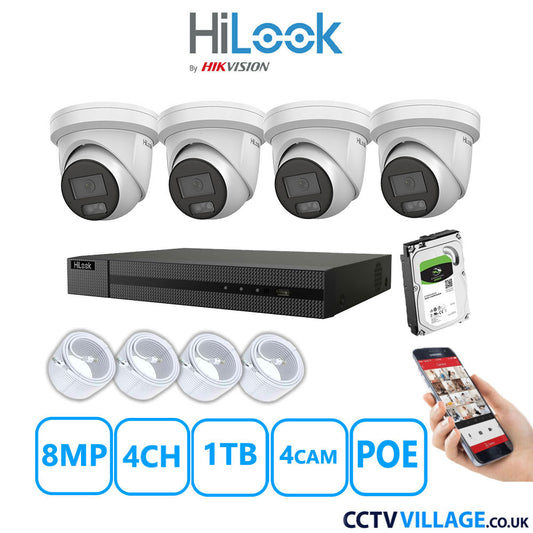 HiLook 8MP IP CCTV System 4 Channel NVR-104MH-C/4P with 4x Turret Cameras IPC-T289H-MU White 1TB HDD Full Kit