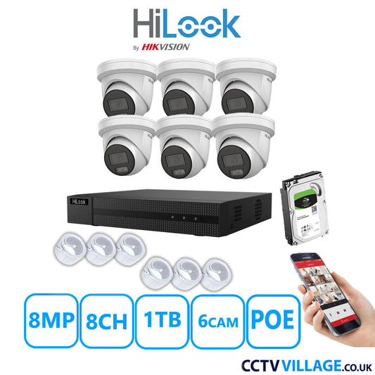 HiLook 8MP IP CCTV Kit 8 Channel NVR-108MH-C/8P with 6x Turret Cameras IPC-T289H-MU White 1TB HDD Full Kit