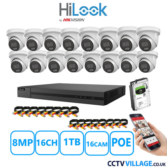 HiLook 8MP CCTV Kit 16 Channel NVR-216MH-C/16P with 16x Turret Cameras IPC-T289H-MU White 1TB HDD Full Kit