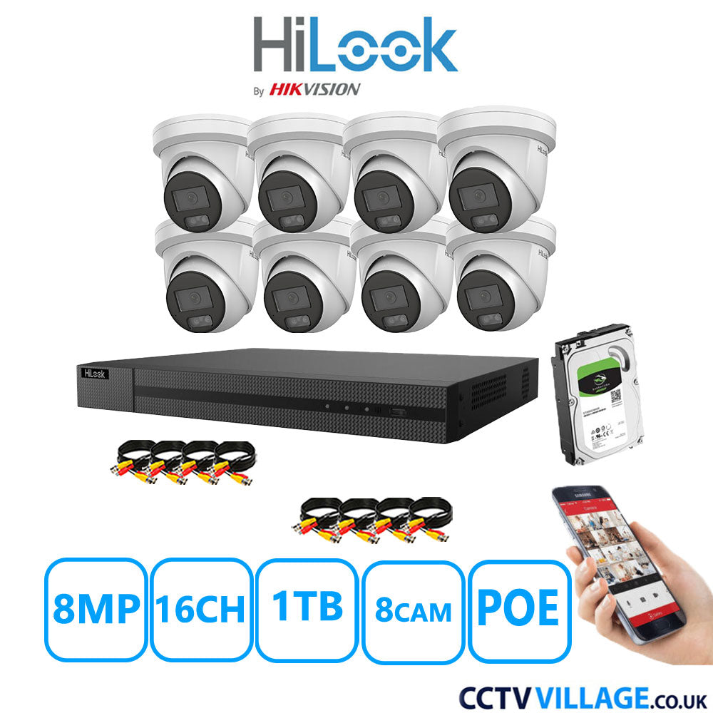 HiLook 8MP CCTV Kit 16 Channel NVR-216MH-C/16P with 8x Turret Cameras IPC-T289H-MU White 1TB HDD Full Kit