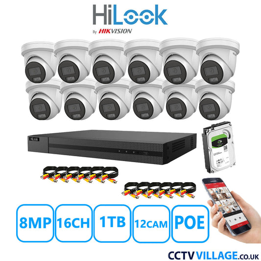 HiLook 8MP CCTV Kit 16 Channel NVR-216MH-C/16P with 12x Turret Cameras IPC-T289H-MU White 1TB HDD Full Kit