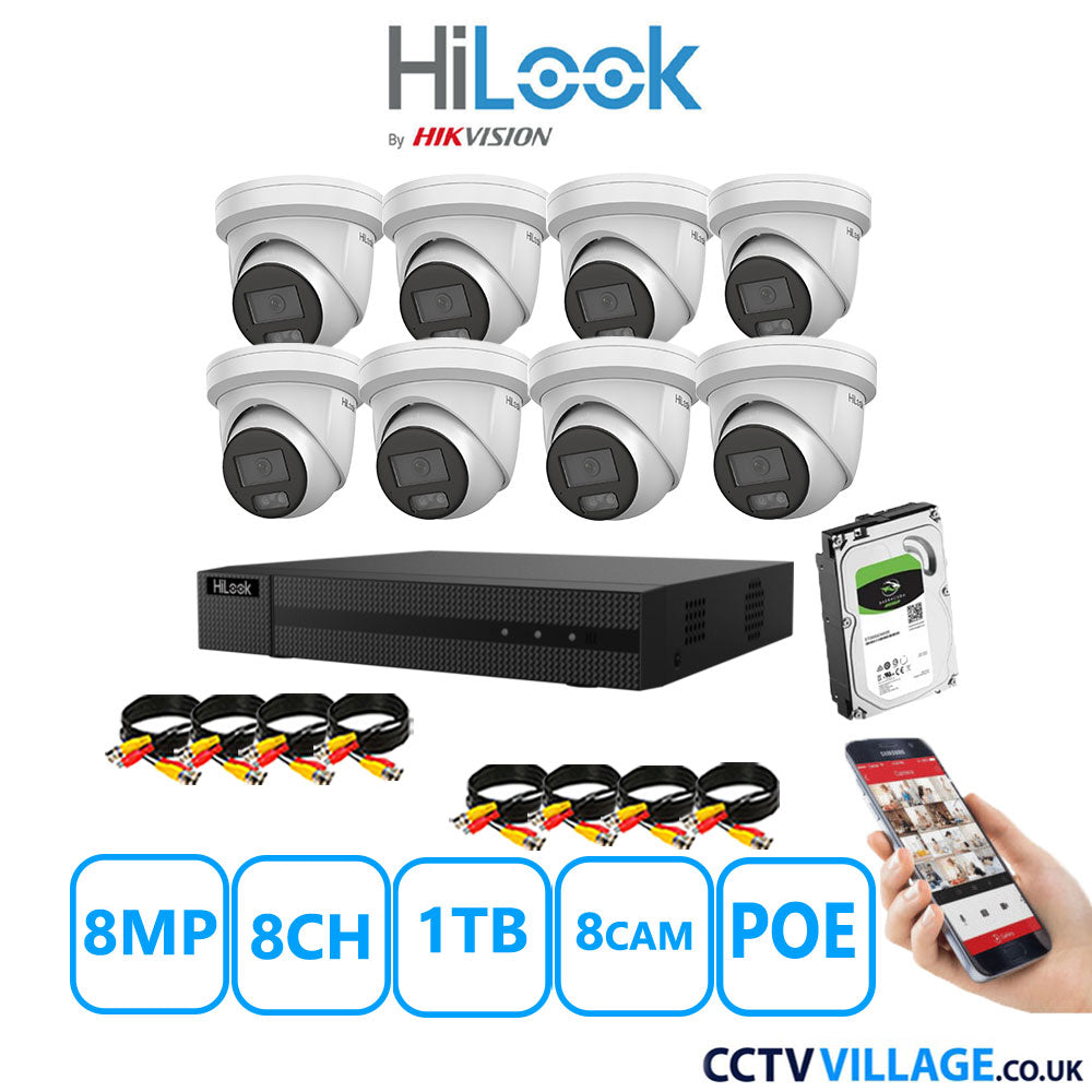 HiLook 8MP CCTV Kit 8 Channel NVR-108MH-C/8P with 8x Turret Cameras IPC-T289H-MU White 1TB HDD Full Kit