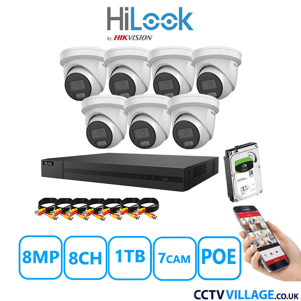 HiLook 8MP IP CCTV System 8 Channel NVR-208MH-C/8P with 7x Turret Cameras IPC-T289H-MU White 1TB HDD Full Kit