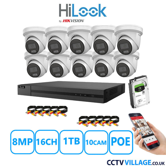 HiLook 8MP CCTV Kit 16 Channel NVR-216MH-C/16P with 10x Turret Cameras IPC-T289H-MU White 1TB HDD Full Kit