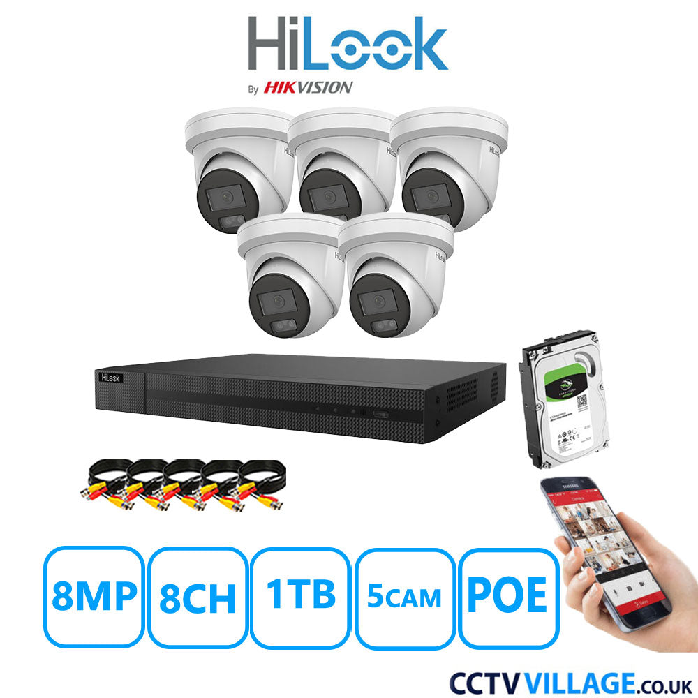 HiLook 8MP IP CCTV System 8 Channel NVR-208MH-C/8P with 5x Turret Cameras IPC-T289H-MU White 1TB HDD Full Kit