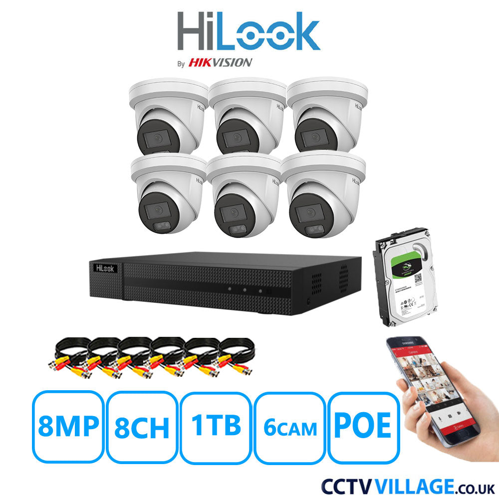 HiLook 8MP CCTV Kit 8 Channel NVR-108MH-C/8P with 6x Turret Cameras IPC-T289H-MU White 1TB HDD Full Kit