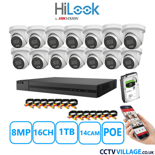 HiLook 8MP CCTV Kit 16 Channel NVR-216MH-C/16P with 14x Turret Cameras IPC-T289H-MU White 1TB HDD Full Kit