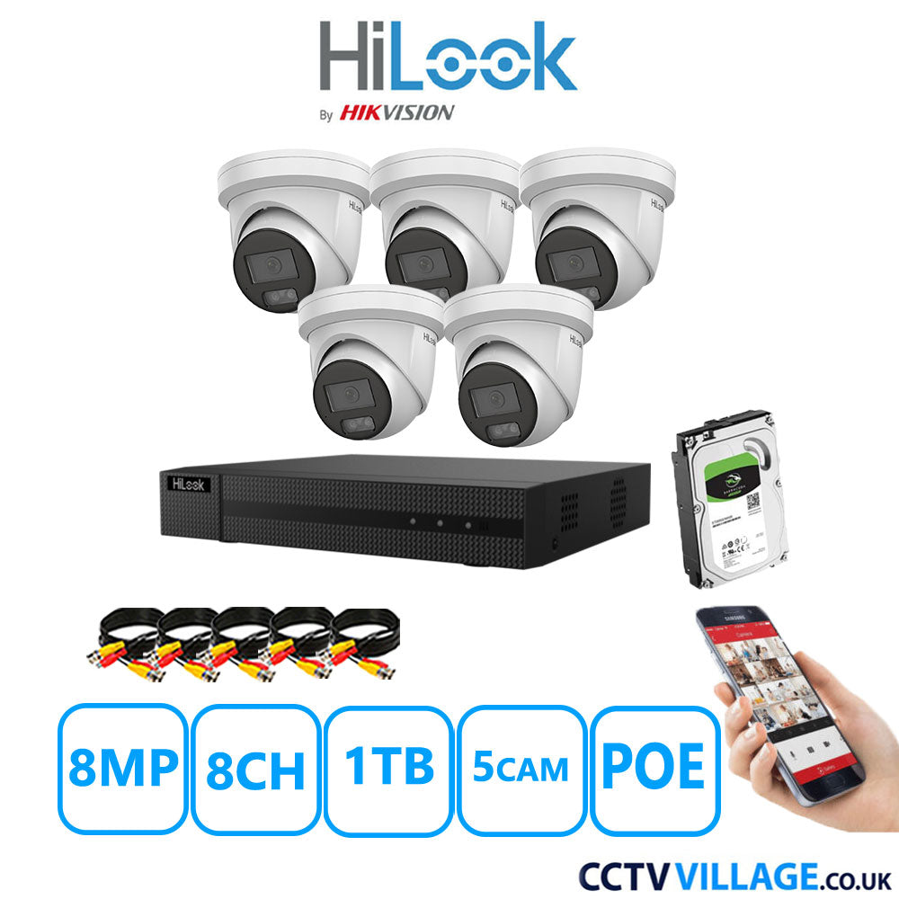 HiLook 8MP CCTV Kit 8 Channel NVR-108MH-C/8P with 5x Turret Cameras IPC-T289H-MU White 1TB HDD Full Kit