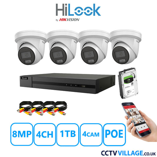 HiLook 8MP CCTV Kit 4 Channel NVR-104MH-C/4P with 4x Turret Cameras IPC-T289H-MU White 1TB HDD Full Kit