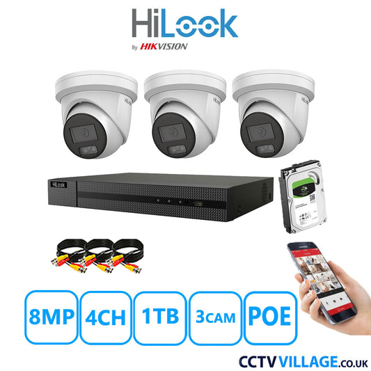 HiLook 8MP CCTV Kit 4 Channel NVR-104MH-C/4P with 3x Turret Cameras IPC-T289H-MU White 1TB HDD Full Kit