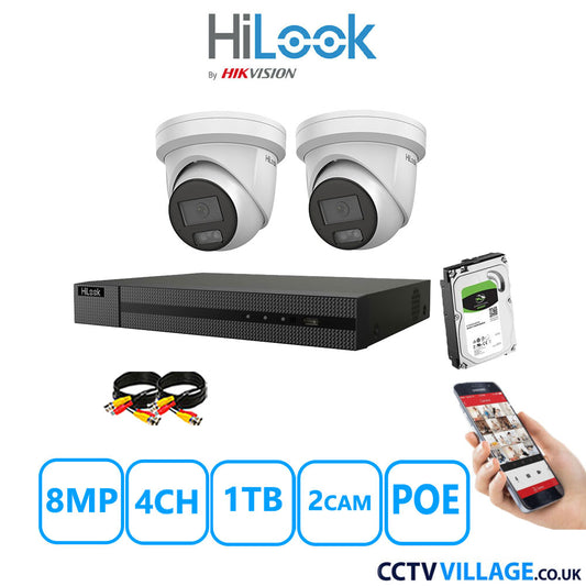 HiLook 8MP CCTV Kit 4 Channel NVR-104MH-C/4P with 2x Turret Cameras IPC-T289H-MU White 1TB HDD Full Kit