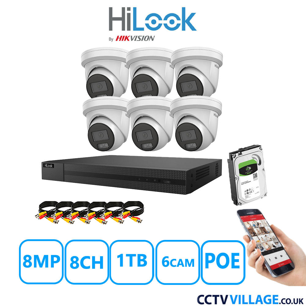 HiLook 8MP IP CCTV System 8 Channel NVR-208MH-C/8P with 6x Turret Cameras IPC-T289H-MU White 1TB HDD Full Kit