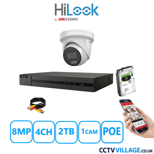 HiLook 8MP CCTV Kit 4 Channel NVR-104MH-C/4P with 1x Turret Camera IPC-T289H-MU White 2TB HDD Full Kit