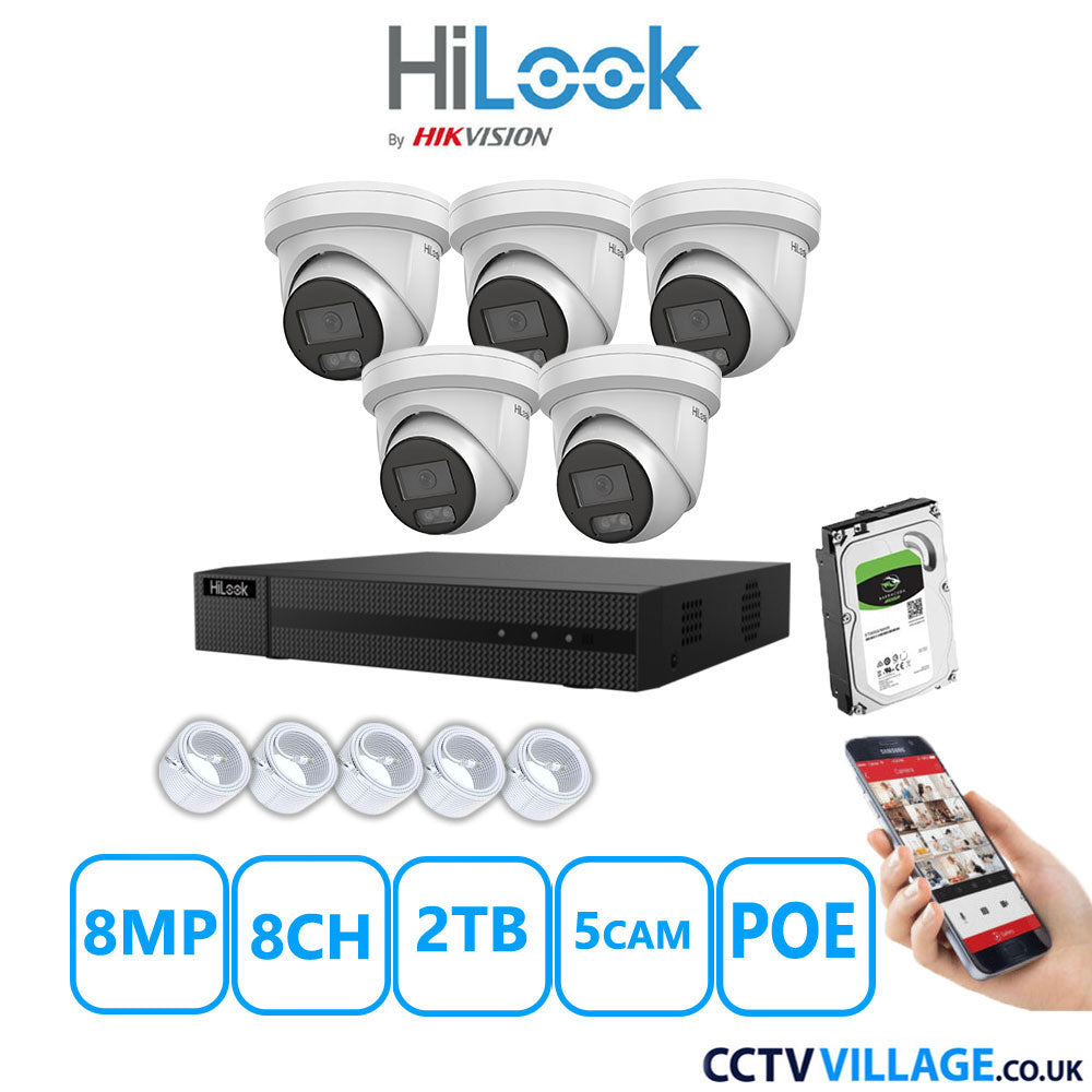 HiLook 8MP IP CCTV System 8 Channel NVR-108MH-C/8P with 5x Turret Cameras IPC-T289H-MU White 2TB HDD Full Kit