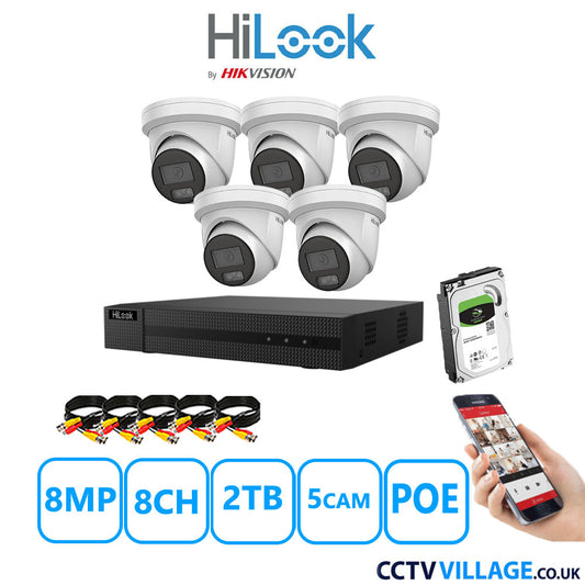 HiLook 8MP CCTV Kit 8 Channel NVR-108MH-C/8P with 5x Turret Cameras IPC-T289H-MU White 2TB HDD Full Kit