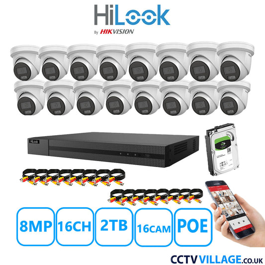 HiLook 8MP CCTV Kit 16 Channel NVR-216MH-C/16P with 16x Turret Cameras IPC-T289H-MU White 2TB HDD Full Kit