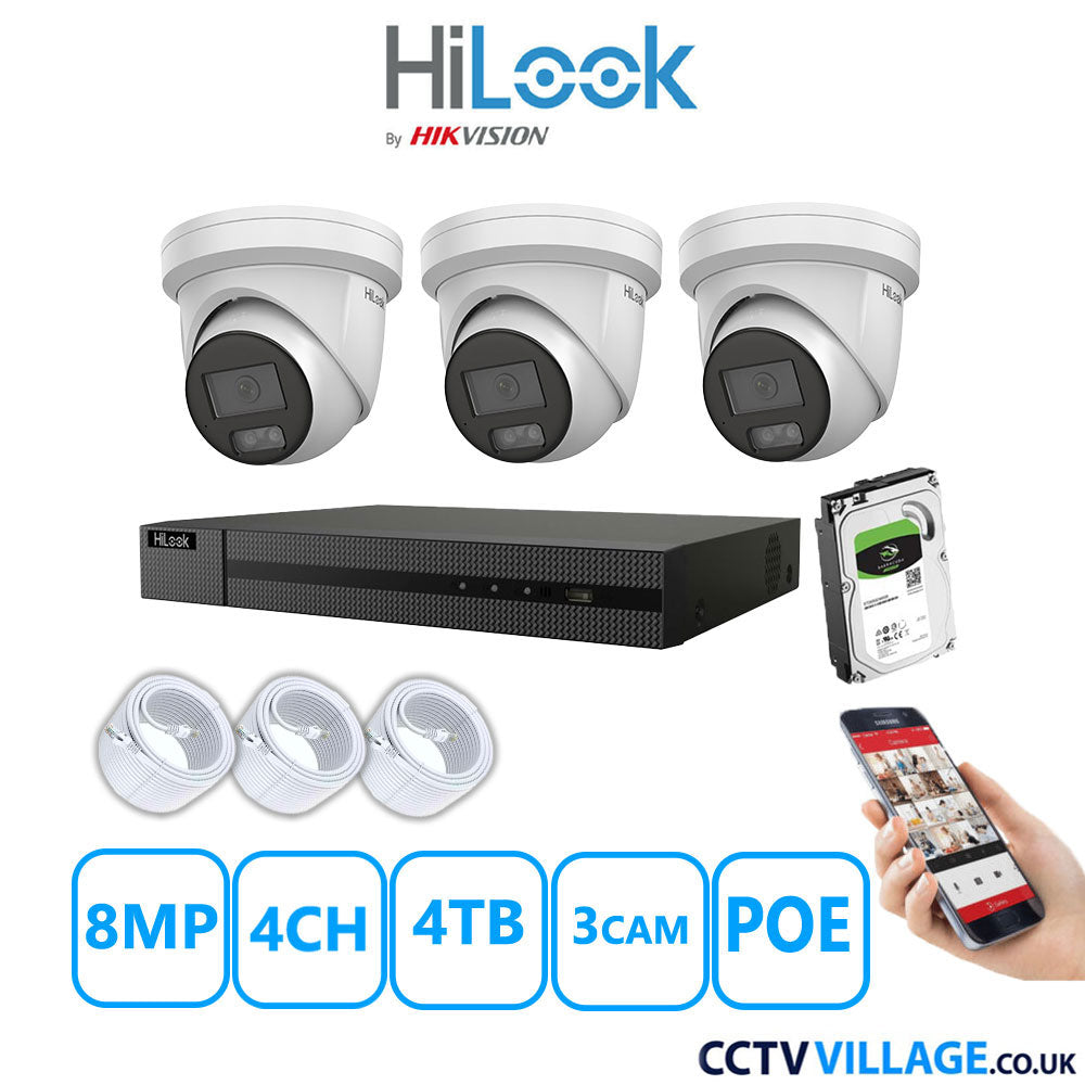 HiLook 8MP IP CCTV System 4 Channel NVR-104MH-C/4P with 3x Turret Cameras IPC-T289H-MU White 4TB HDD Full Kit