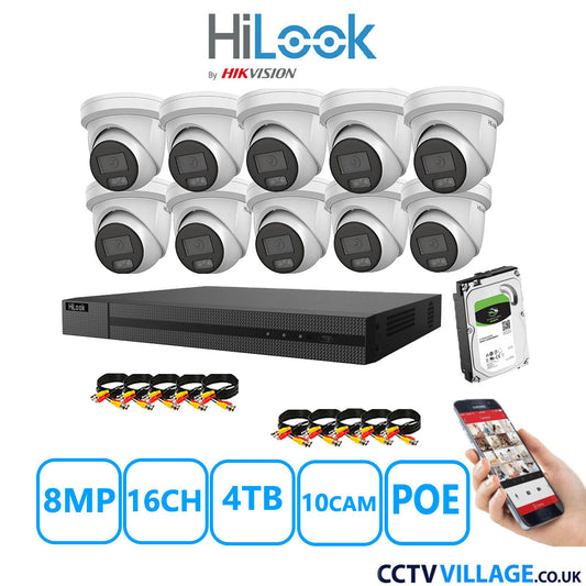 HiLook 8MP CCTV Kit 16 Channel NVR-216MH-C/16P with 10x Turret Cameras IPC-T289H-MU White 4TB HDD Full Kit