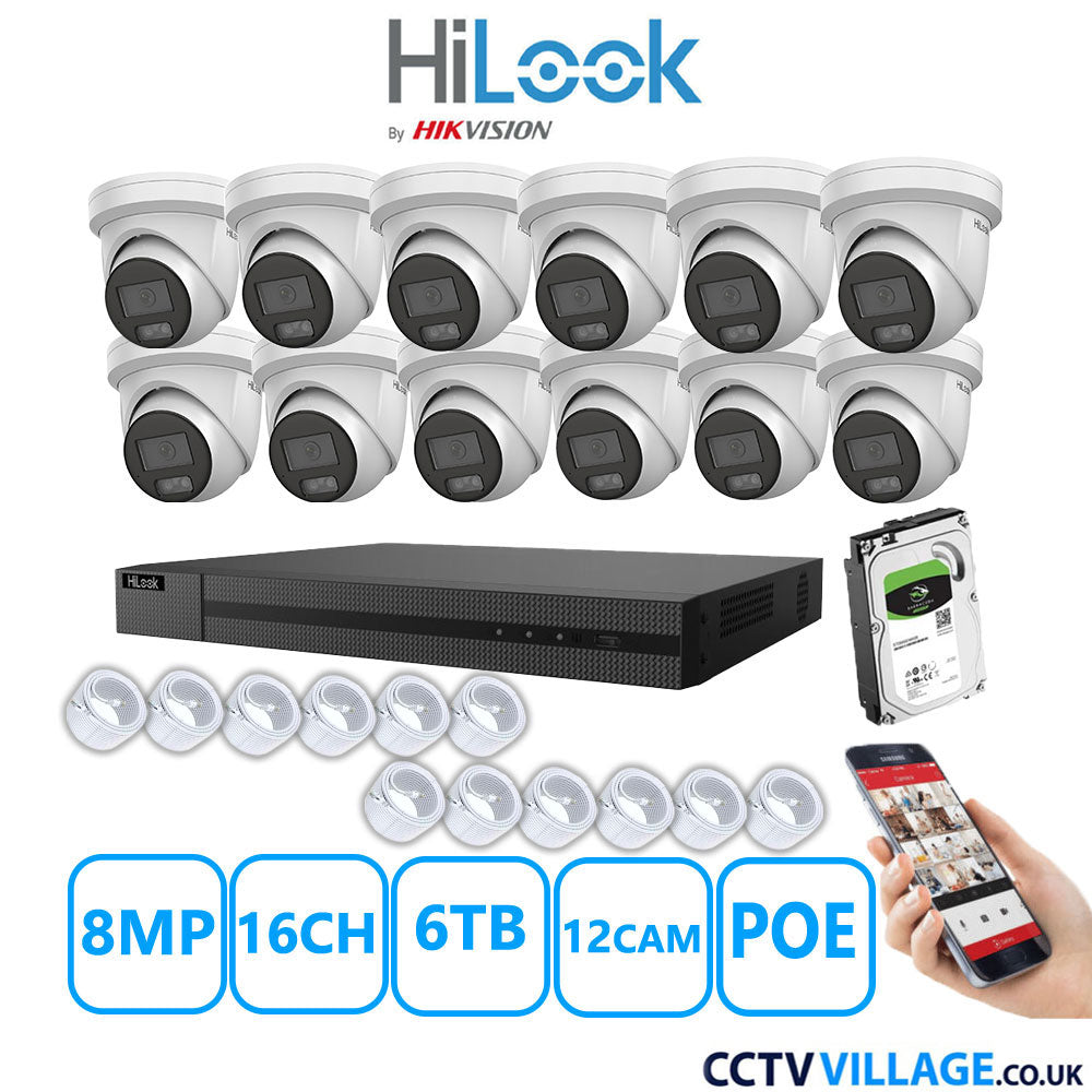 HiLook 8MP IP CCTV System 16 Channel NVR-216MH-C/16P with 12x Turret Cameras IPC-T289H-MU White 6TB HDD Full Kit