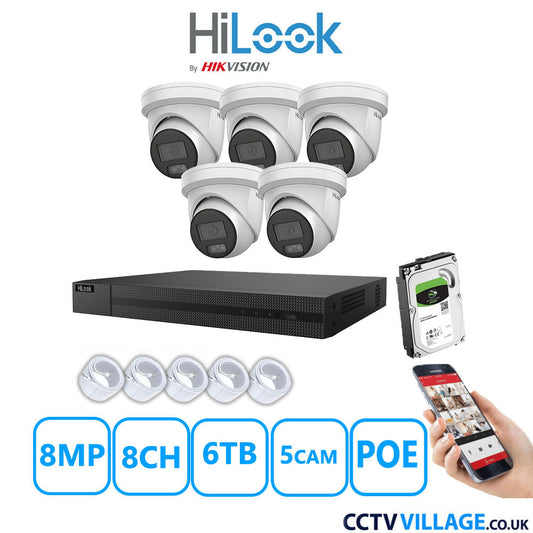 HiLook 8MP IP CCTV System 8 Channel NVR-208MH-C/8P with 5x Turret Cameras IPC-T289H-MU White 6TB HDD Full Kit