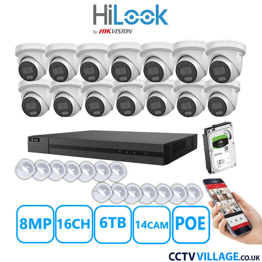 HiLook 8MP IP CCTV System 16 Channel NVR-216MH-C/16P with 14x Turret Cameras IPC-T289H-MU White 6TB HDD Full Kit