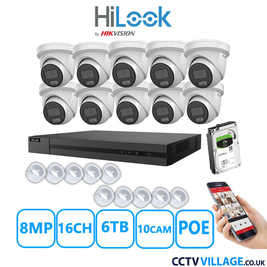 HiLook 8MP IP CCTV System 16 Channel NVR-216MH-C/16P with 10x Turret Cameras IPC-T289H-MU White 6TB HDD Full Kit