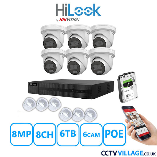 HiLook 8MP IP CCTV System 8 Channel NVR-108MH-C/8P with 6x Turret Cameras IPC-T289H-MU White 6TB HDD Full Kit