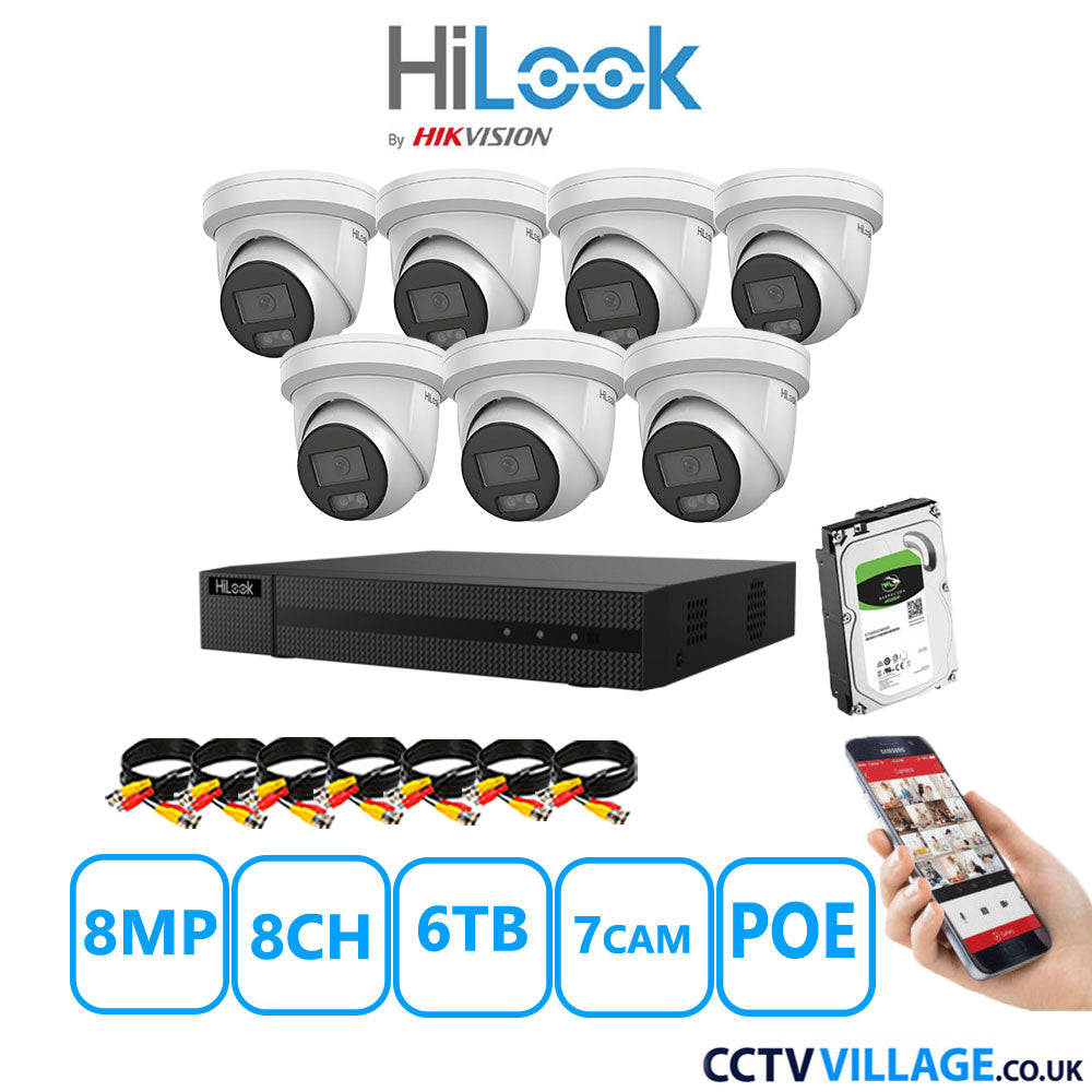 HiLook 8MP CCTV Kit 8 Channel NVR-108MH-C/8P with 7x Turret Cameras IPC-T289H-MU White 6TB HDD Full Kit