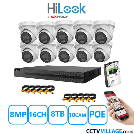 HiLook 8MP CCTV Kit 16 Channel NVR-216MH-C/16P with 10x Turret Cameras IPC-T289H-MU White 8TB HDD Full Kit