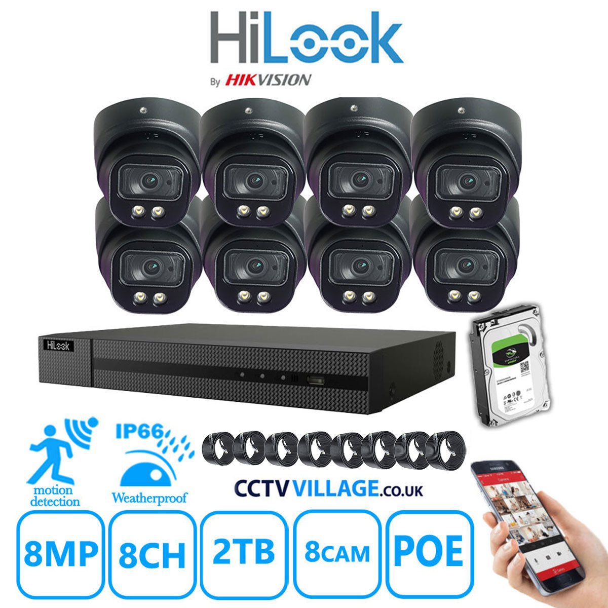 Full IP CCTV System 8MP Kit 8CH Hilook NVR Hizone Black Cameras and HDD Special Offer