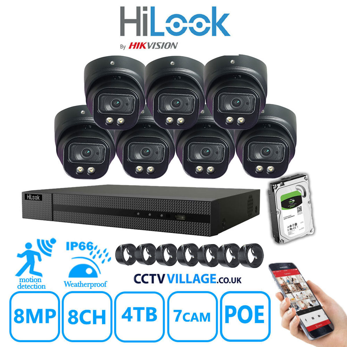 Full IP CCTV System 8MP Kit 8CH Hilook NVR Hizone Black Cameras and HDD Special Offer