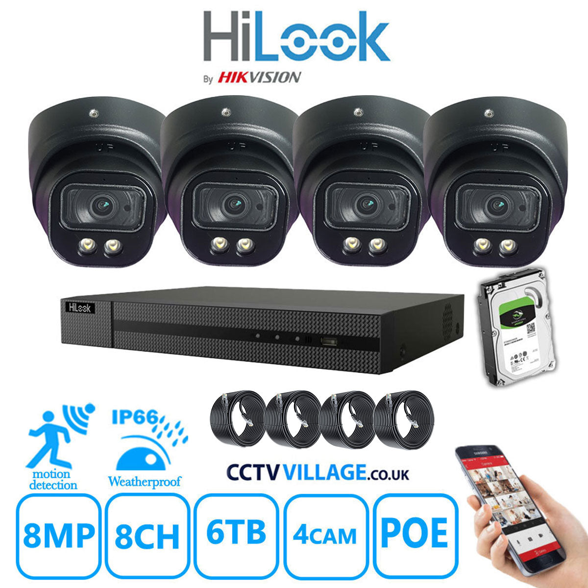 Full IP CCTV System 8MP Kit 8CH Hilook NVR Hizone Black Cameras and HDD Special Offer