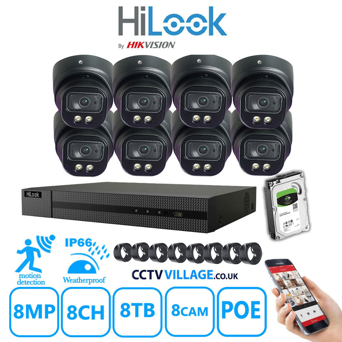 Full IP CCTV System 8MP Kit 8CH Hilook NVR Hizone Black Cameras and HDD Special Offer